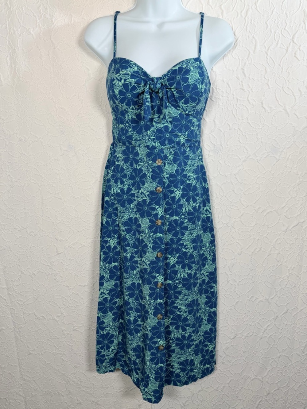 A.U.W Teal Tie Front Button Detail Floral Casual Midi Dress Sz S
